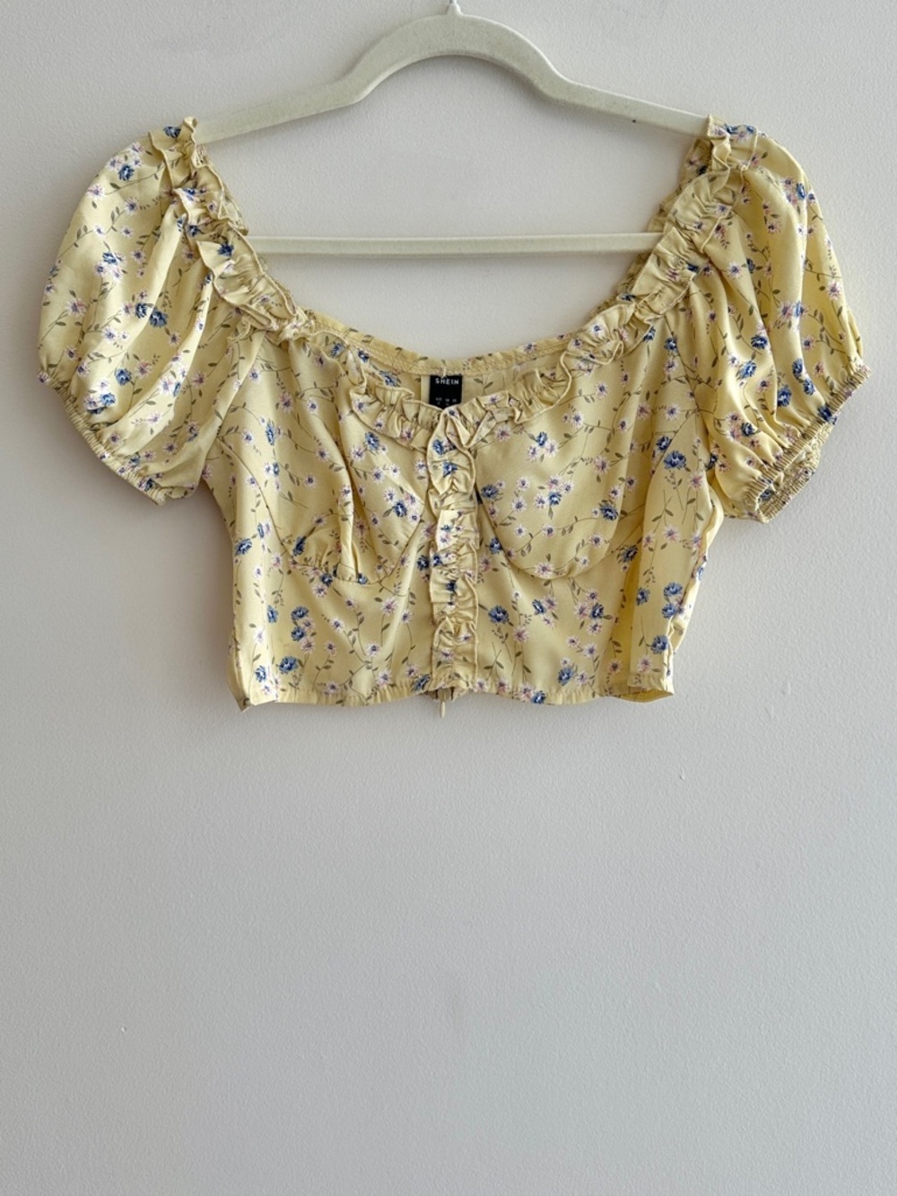 SHEIN Floral Puff Sleeve Cropped Bustier Top, Dusty Yellow, Size Small